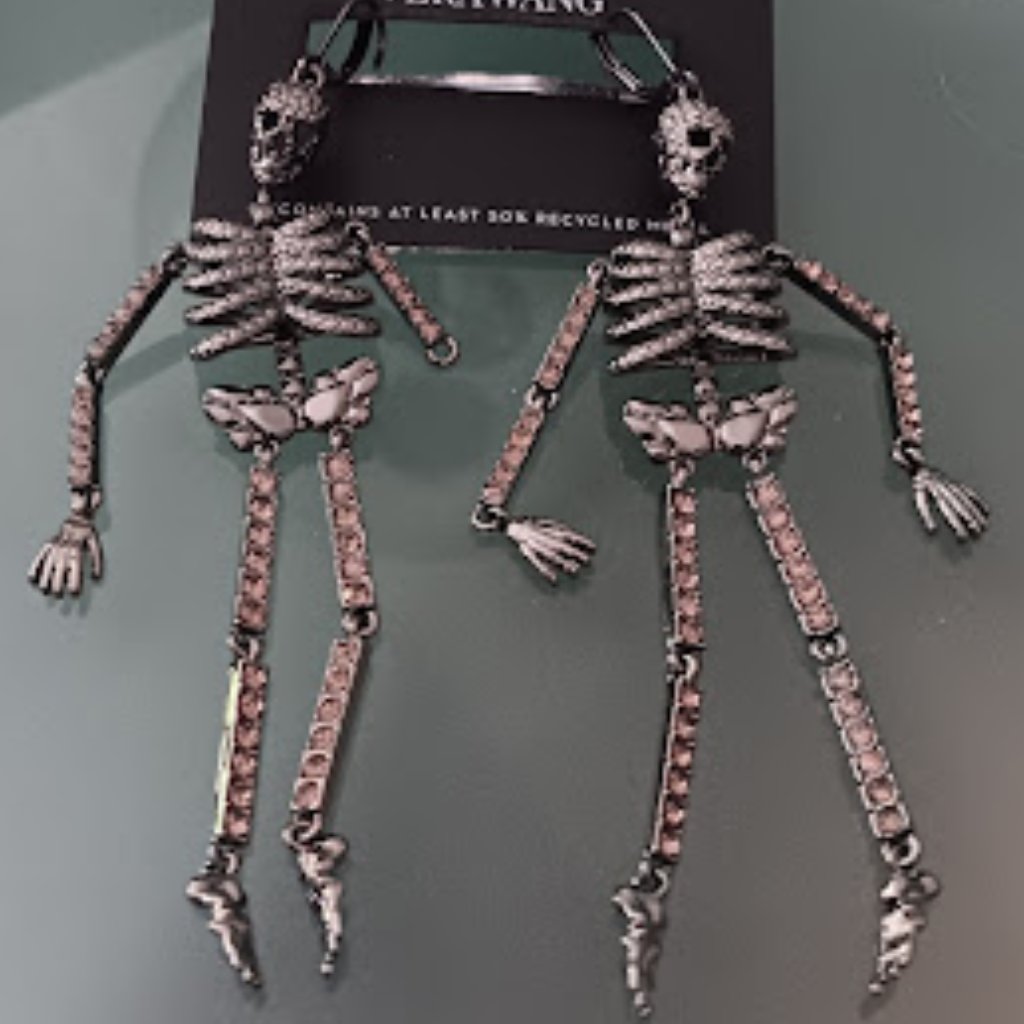 Vera Wang Halloween Goth GunmetalRhinestone Articulated Skeleton EarringsNew 17$